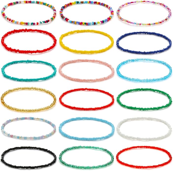 XIJIN 18 Pieces Elastic Beaded Anklets for Women Handmade Beach Boho Colorful Beads Ankle Bracelets Set