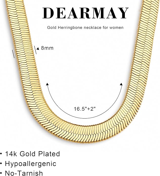 DEARMAY 14K Gold Plated Herringbone Necklaces for Women, Dainty Gold Snake Choker Chain Non Tarnish Trendy Simple Thin & Chunky Options Neckalce 1.5/3/5/6/8mm Chain Jewelry for Gifts