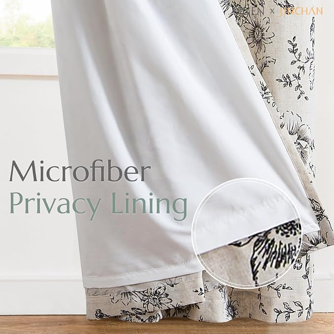 jinchan Black Floral Linen Curtains Lined 63 Inch Vintage Back Tab 2 Panels | Privacy lining, light filtering drapes, vintage, cottagecore, french country, rustic, bedroom, living room, window treatment