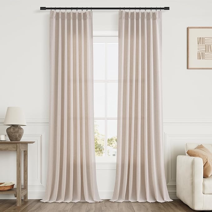 Cream Beige Pinch Pleated Linen Curtains 84 Inches Long for Living Room Bedroom Pinch Pleat Drapes Rings Hooks Back Tab Light Filtering Boho Farmhouse Semi Sheer 84 Inch Curtain for Dining Room 40x84