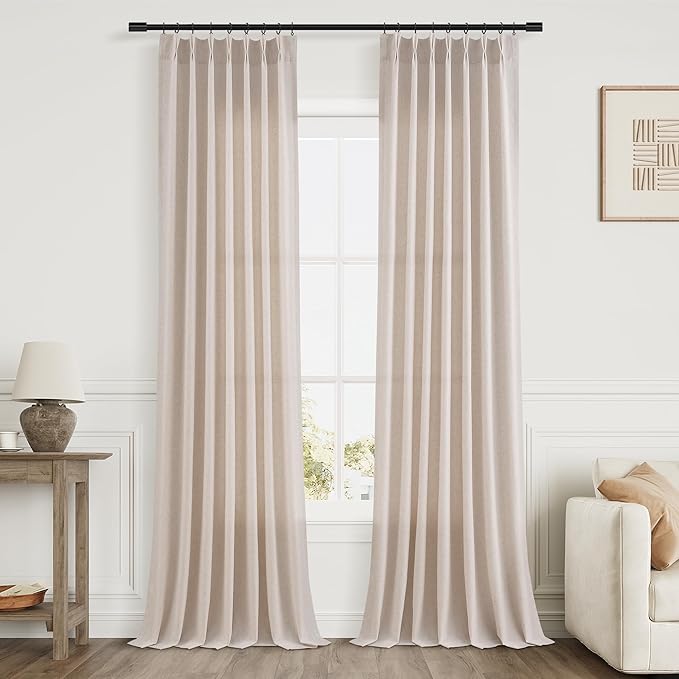 Cream Beige Extra Long Pleated Linen Curtains 108 Inches Long for Living Room 2 Panels Set Natural Pleat Drapes Back Tab Semi Sheer Neutral Boho Ceiling to Floor Window Curtain for Bedroom 9 FT