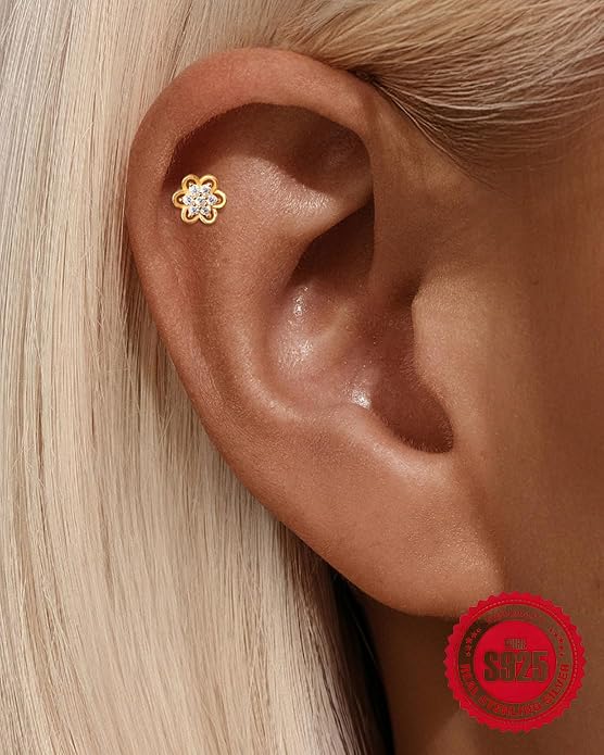 925 Sterling Silver Flower Cartilage Earring for Women 14K Gold Plated Flat Back Helix Tragus Conch Stud Internally Threaded Dainty CZ Floral Labret Piercing Jewelry
