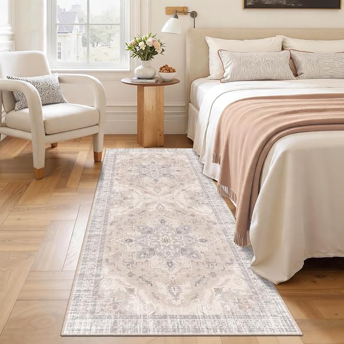2x6 Runner Rug, Soft Non-Slip Vintage Medallion Rug, Low-Pile Bedroom Runner Rug Indoor Runners for Girls Room, Kids Room, Bedroom Bedside -Light Blush/Cream | Soft Low-Pile Bedroom Runner Rug Indoor Runners for Girls Room, Kids Room, Bedroom Bedside