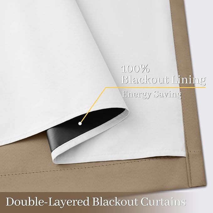Yakamok Khaki Blackout Curtains 63 Inches Long for Bedroom 50" Wide 2 Panel | Blackout Curtain Panels for Bedroom, 2 Thick Layers Grommet Top Thermal Insulated Drapes with White Back for Living Room