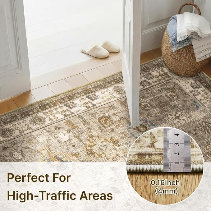 2x3 Rug for Entryway Hallway-Vintage Farmhouse Boho Floral Neutral Washable Stain Resistant Indoor Rugs for Home Decor(Brown&Gold)