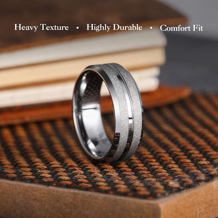 King Will Mens 8mm Rose Gold Groove/Gold Loop/Black Cross Groove Tungsten Carbide Wedding Ring Line Flat Pipe Cut Brushed Polished Comfort Fit 7-14