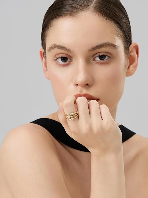 14k Gold Rings For Women,Dainty Chunky Gold Stacking Rings, 3-in-1 One Piece Ring,Trendy CZ & Opal Statement Ring for Women