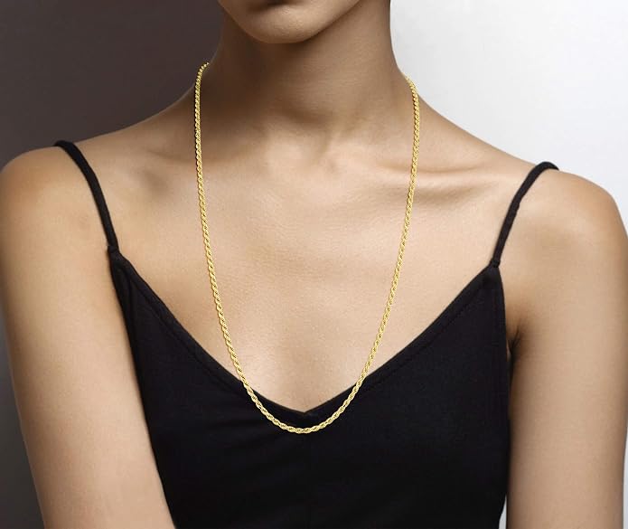Miabella Italian 18K Gold Plated 925 Sterling Silver 2mm, 3mm Diamond-Cut Braided Rope Chain Necklace for Men Women, Made in Italy