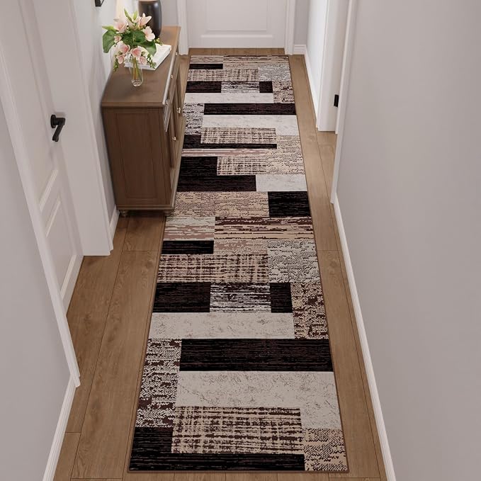FlyDOIT Modern Geometric Patchwork Runner Rug, 2.7x10 Chocolate Runners for Hallways Non Slip, Washable Indoor Bedside Rugs for Bedroom, Floor Throw Carpet Runner for Entryway kitchen Bathroom Laundry