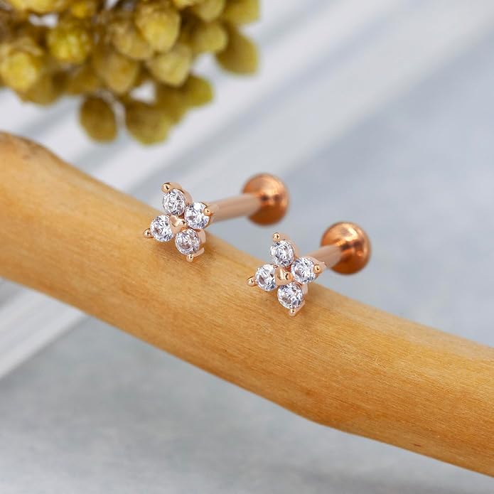 14K Yellow/White/Rose Gold Cartilage Earring Top Push in 1 Pcs Threadless Flower Flat Back Stud Nose Stud Lip Ring 16G Helix Tragus Piercing Jewelry for Women 6mm 8mm
