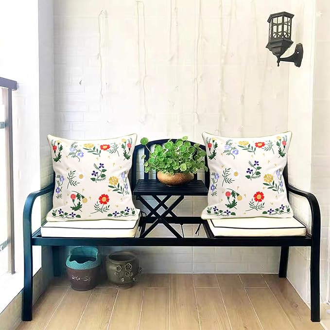 Set of 2 Embroidered Decorative Throw Pillow Covers Couch Square Pillowcases Cushion for Bedroom Sofa Farmhouse Decor 18x18 Inch (Flower-C)