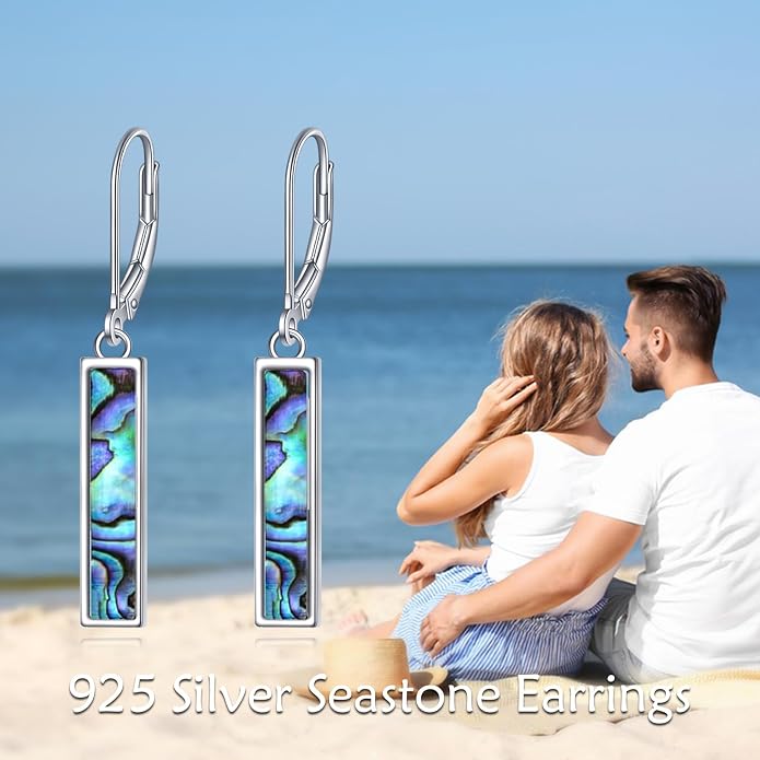 CRMAD Abalone Shell Bar Earrings for Women Sterling Silver Leverback Earrings Abalone Jewelry Gift
