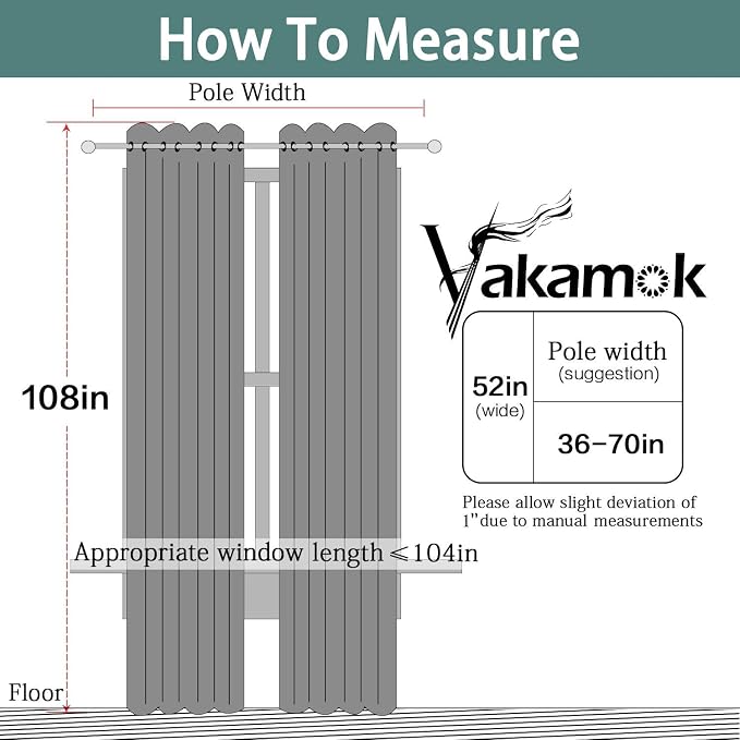 Yakamok Grey Blackout Curtains 108 Inches Long for Bedroom 52" Wide 2 Pcs | Blackout Curtain Panels for Bedroom, 2 Thick Layers Grommet Top Thermal Insulated Drapes with Black Liner for Living Room