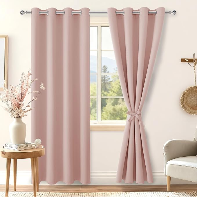 Hiasan Blackout Curtains for Bedroom, 52 x 84 Inches Long - Thermal Insulated Light Blocking Window Curtains for Living Room, 2 Drape Panels Sewn with Tiebacks, Blush