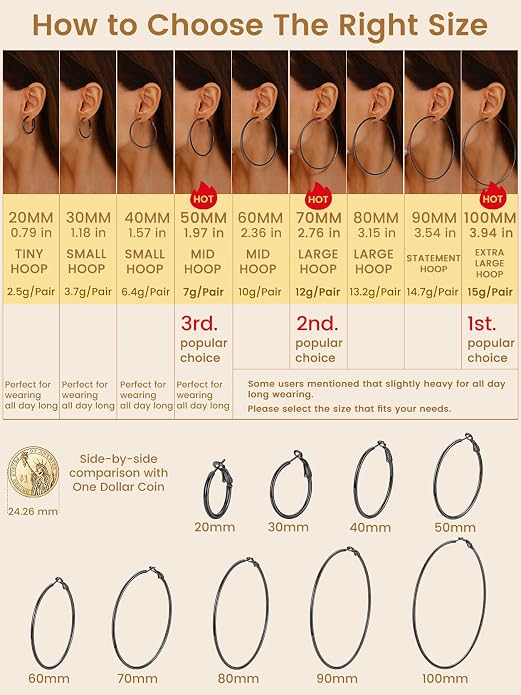 KeyStyle Gold Hoop Earrings for Women, Stainless Steel Hoops Earring Lightweight Loops, 2 mm Thick Hypoallergenic Circle Endless Thin Hoop (20/30/40/50/60/70/80/90/mm)