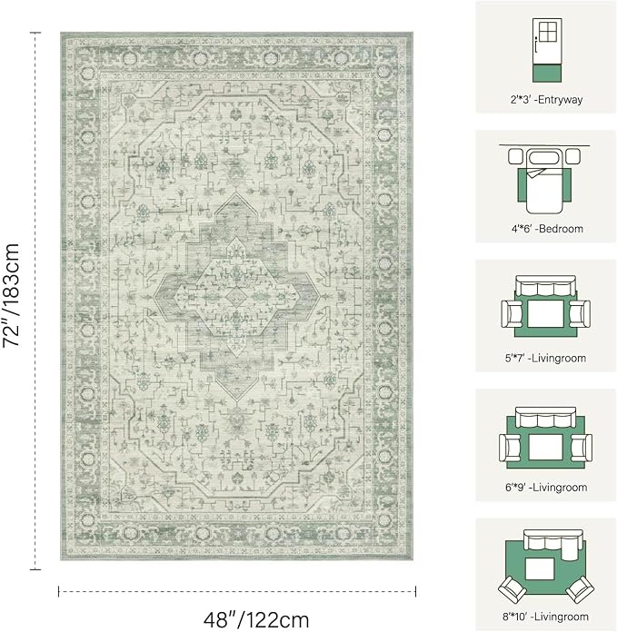 Rugxara Washable Area Rug for Living Room, Vintage Boho Rugs for Office, Dining Room, Kids Room, Farmhouse, Durable Low Pile Non Slip Carpet for High Traffic Areas, Sage Green(4x6 ft)