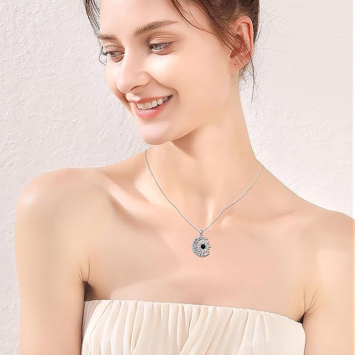 925 Sterling Silver Sun and Moon Necklace Abalone Shell Crescent Moon Sun Pendant Necklace Gemstone Jewelry Birthday Gifts for Women