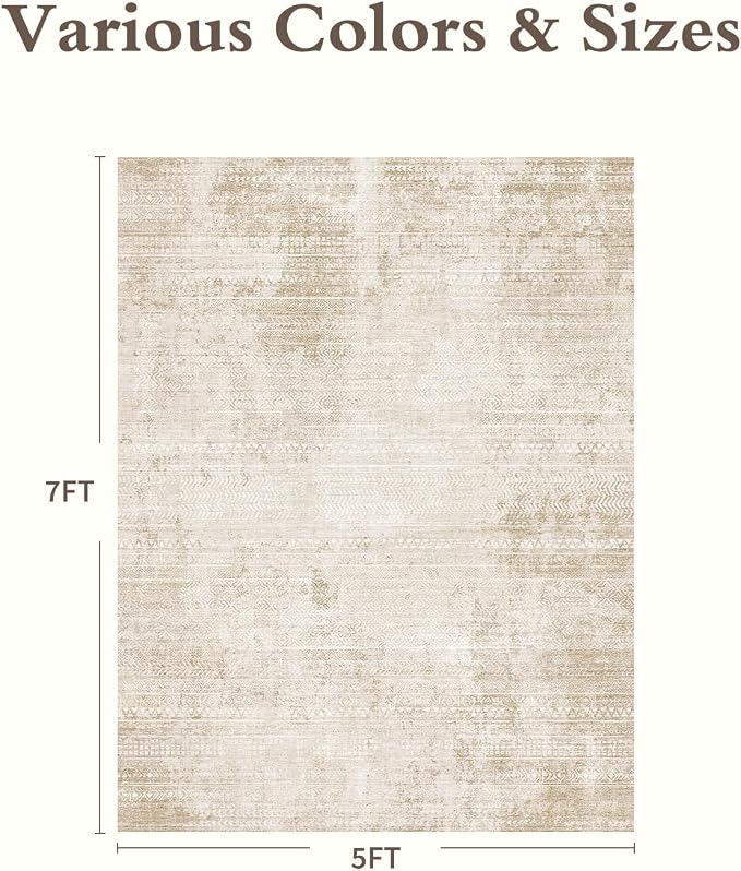 5x7 Area Rugs for Living Room Non Slip Machine Washable Rug Distressed Abstract Soft Indoor Carpet Neutral Boho Rug for Bedroom Dining Room Playroom Office, Beige