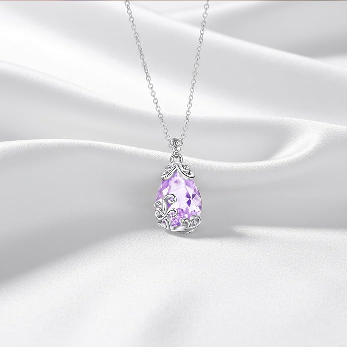 POPLYKE Sterling Silver Gemstone Teardrop Pendant Necklace Crystal Jewelry for Women