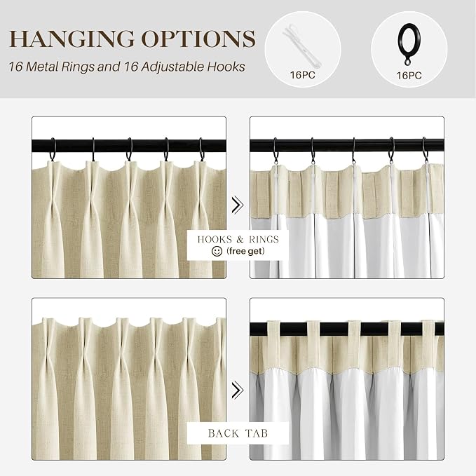 IVAPUPU Cream Beige Pinch Pleated Full Blackout Linen Curtains for Bedroom, Black Out Curtains 90 Inches Long for Living Room Darkening Thermal Insulated Neutral Pleat Drapes with 16 Hooks, 2 Panels