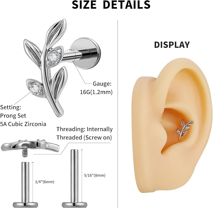 FINE4U 1PC Leaf Flat Back Stud Flat, Helix, Conch, Tragus 6mm 8mm - ASTM F136 Titanium Screw on Body Piercing Jewelry