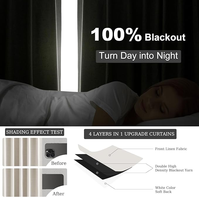 Extra Wide Total Blackout 96 Inch Curtains 70 Inches Wide for Living Room 2 Panels Ivory Cream Linen Blackout Curtain for Large Window Treatment Privacy Thermal Drapes Rod Pocket Pleated 72"W x 96"Lx2