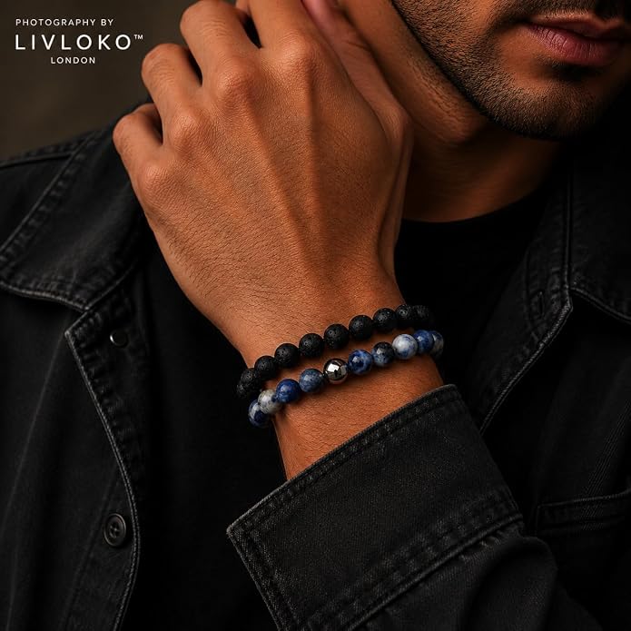 LONDON Mens Bracelet Leather Black Multi-Layer Stone Beads Adjustable Steel Clasp Viking Rope Bands Surfer Man Wristband Male UK Jewellery Gift box Boyfriend Dad Son Brother Tiger Eye
