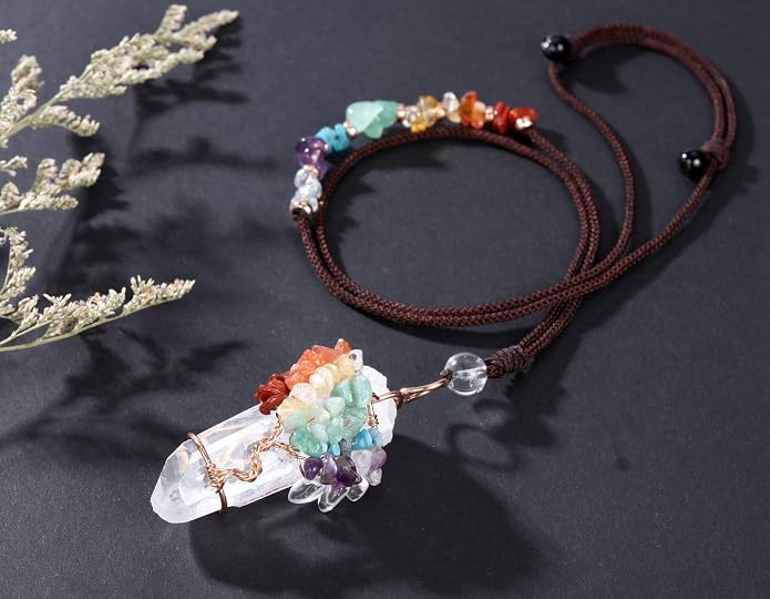 Jovivi 7 Chakra Gemstone Wire Wrapped Natural Clear Quartz Healing Crystal Point Pendant Necklace for Women Mother's Day Gift
