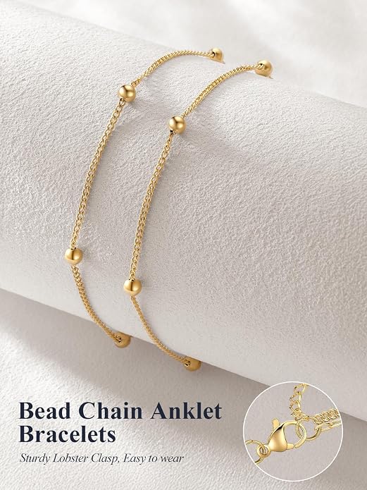 U7 Silver/Gold Ankle Bracelets for Women Layered Chain Anklets Stainless Steel Waterproof Summer Beach Anklet Cham, Adjustable 8.5"-10.5"
