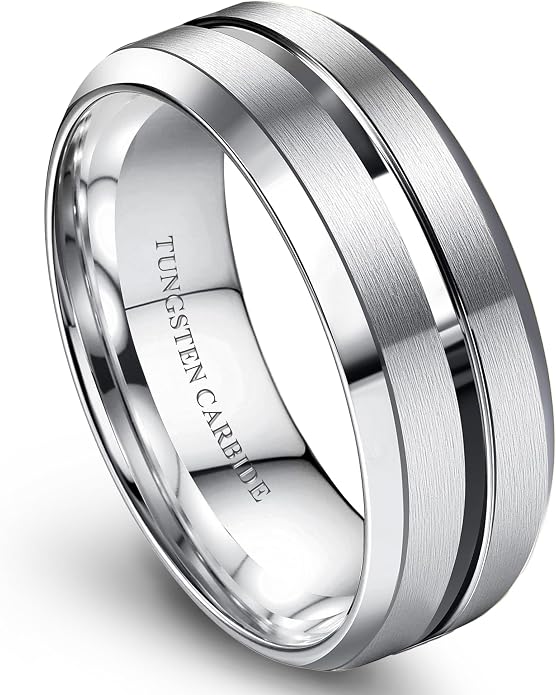Jstyle Tungsten Wedding Rings for Men Black/Silver/Gold Mens Wedding Band 8MM Mens Engagement Rings Groove Beveled Edges High Polish/Matte Finish Men's Promise Ring Comfort Fit Size 7-14