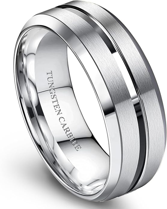 Jstyle Tungsten Wedding Rings for Men Black/Silver/Gold Mens Wedding Band 8MM Mens Engagement Rings Groove Beveled Edges High Polish/Matte Finish Men's Promise Ring Comfort Fit Size 7-14