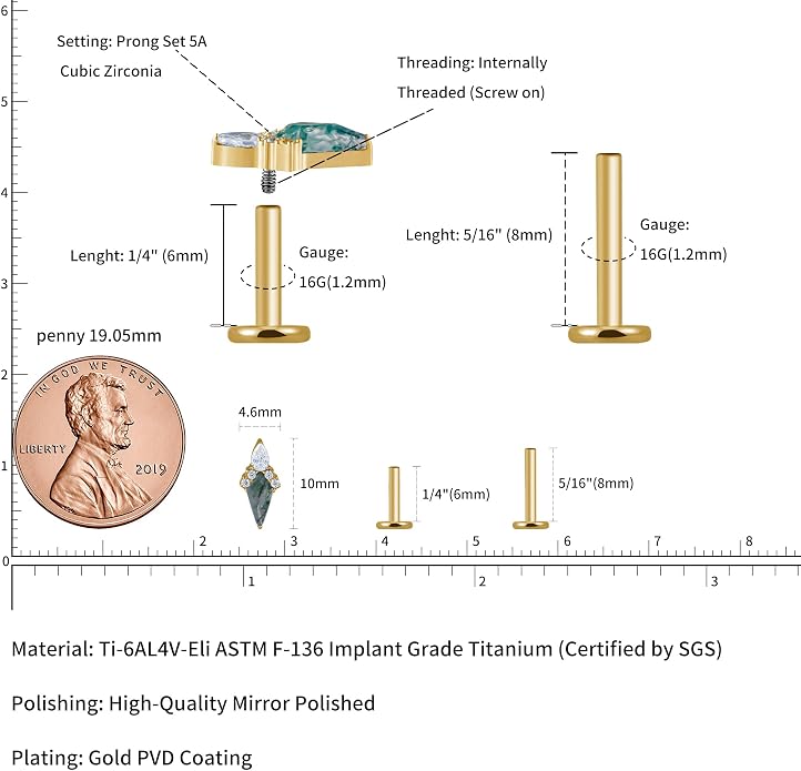 FINE4U ASTM F136 Titanium 16G 6mm 8mm Piercing Jewelry Stud for Conch Helix Flat Lobe - FlatBack Cartilage Earring Stud, Hypoallergenic Implant Grade Nickel Free Body Jewelry