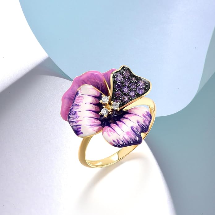 Santuzza 925 Sterling Silver Enamel Flower Statement Ring for Women