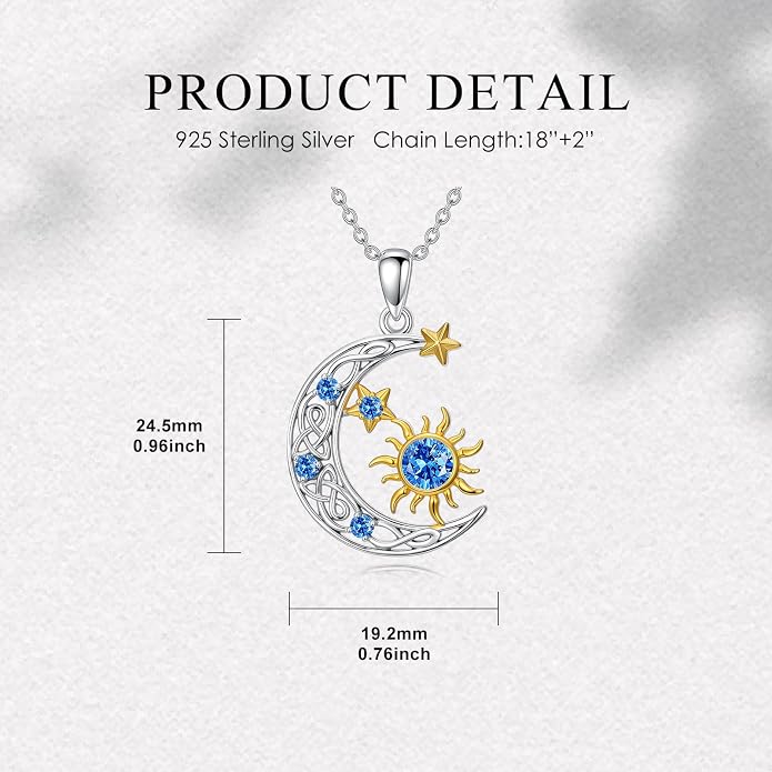PELOVNY Sun and Moon Necklace for Women 925 Sterling Silver Sun Moon Star Birthstone Pendant Necklaces Birthday Christmas Jewelry Gifts for Mom Daughter Wife Sister