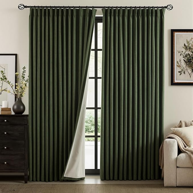 IVAPUPU Linen Pinch Pleated Full Blackout Curtains for Bedroom - 2 Pages Black Out Green Curtains 63 Inch Long 2 Panel for Living Room Darkening Thermal Window Curtain Drapes with 16pc Hooks