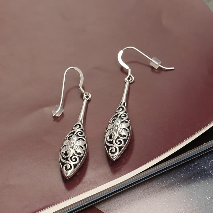 LeCalla 925 Sterling Silver Filigree Dangle Drop Earrings | Lightweight Antique Balinese Teardrop Dangle Drop Earring for Women