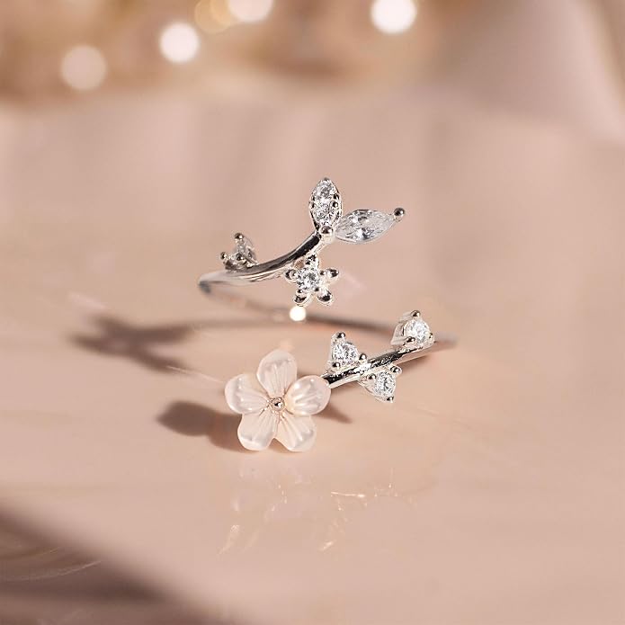 Birthstone Flower Rings For Women Non Tarnish Gemstone Cubic Zirconia Mother of Pearl Adjustable Size 7-11 Silver Rose 14K Gold Plated Birth Jewelry Gift For Birthday