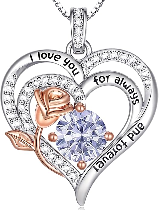 Birthstone Heart Necklaces for Women 925 Sterling Silver Fine Jewelry Rose Pendant Necklace Anniversary Birthday Mothers Day Gifts Her Wife Women Mom Daughter