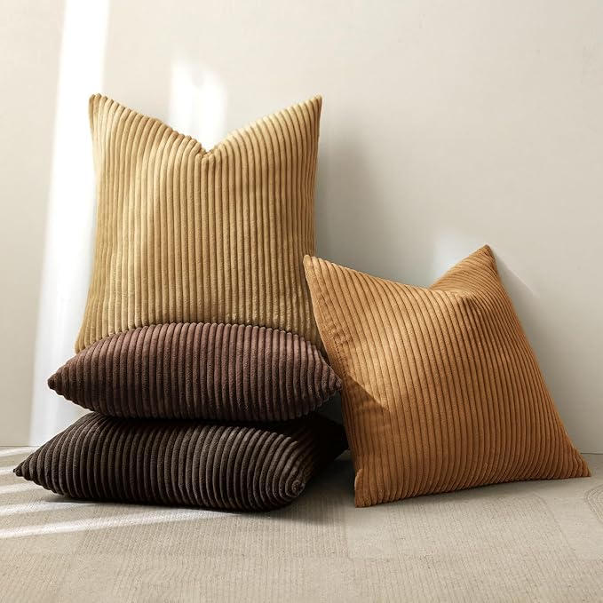 MIULEE Boho Farmhouse Throw Pillow Covers 20x20 Inch Set of 4 Rustic Mordern Neutral Cushion Covers Soft Corduroy Nordic Fall Home Decor for Couch Bed Sofa Living Room Camel Brown