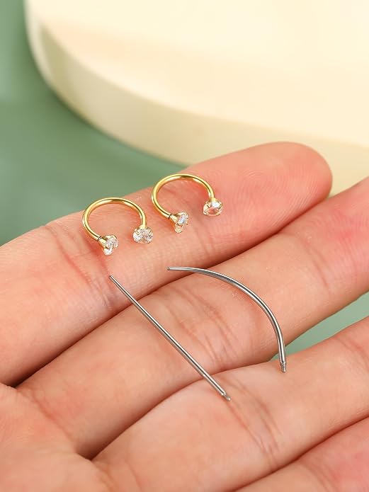 Oveta 18G Horseshoe Nose Rings for Women, 16G 20G Surgical Steel Nose Ring Hoop 6/8/10/12mm, Internally Threaded Tragus Cartilage Helix Earrings Silver/Gold, 3mm CZ