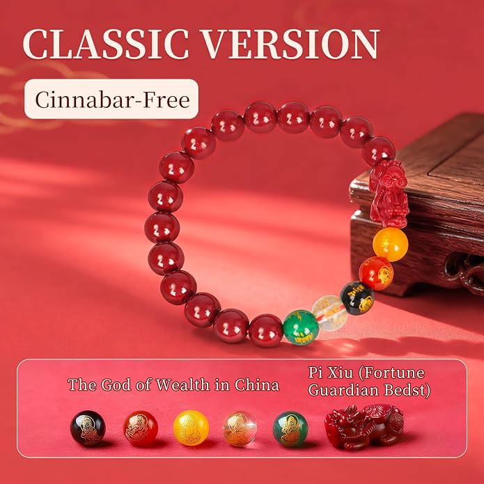 Five Roads Wealth God Cinnabar Pixiu Bracelet - Feng Shui Red String Bracelet for Good Luck & Money Attraction, Fortune Blessing for Men & Women, Adjustable Lucky Charm Bracelet (Classic & Cinnabar Options, 8/10/12mm)