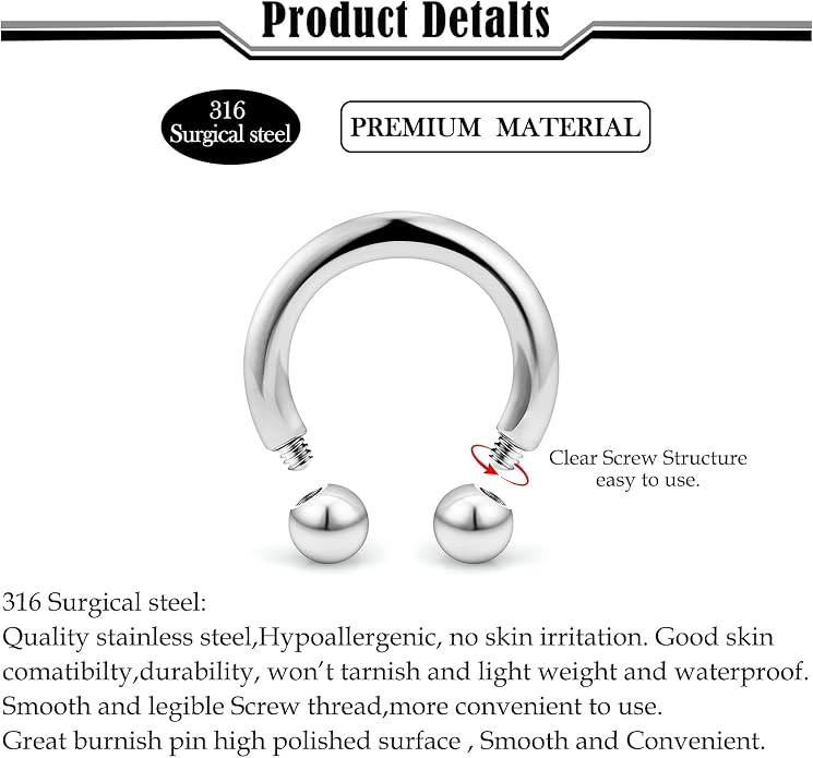 20G-00G Septum Rings horseshoes Nose Rings Hoops 316L Surgical Steel Snake Bites Lip Nipple Ring Cartilage Tragus Helix Rook Conch Daith Earrings Pa Piercing Jewelry for Women Men