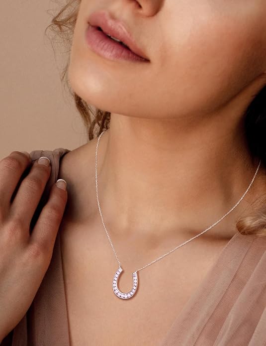 Luck Horseshoe Necklace 14K Gold Plated/Sterling Silver Created Gemstone Pendant with Chain Channel Set U Shaped Charm Necklace Birthstone Jewelry