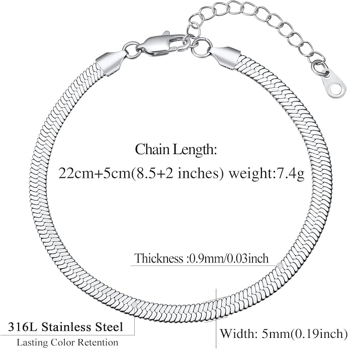 FindChic Elegant Herringbone Snake Chain Anklets/Bracelets 3MM/5MM Width Stainless Steel/18K Gold/Rose Gold Plated/Black 4 Color Options, 8.3'' 8.5'' 10.5'' Length, with Gift Box