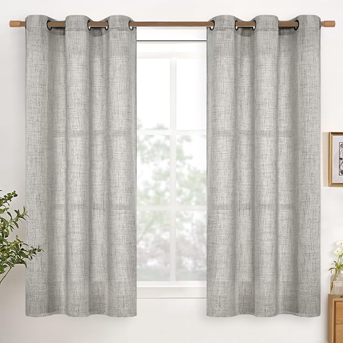 YoungsTex Dark Grey Linen Curtains 45 Inches Length, Textured Semi Sheer Drapes Light Filtering with Bronze Grommet for Bathroom Bedroom Living Room Window, 2 Panels, 42 X 45 Inch
