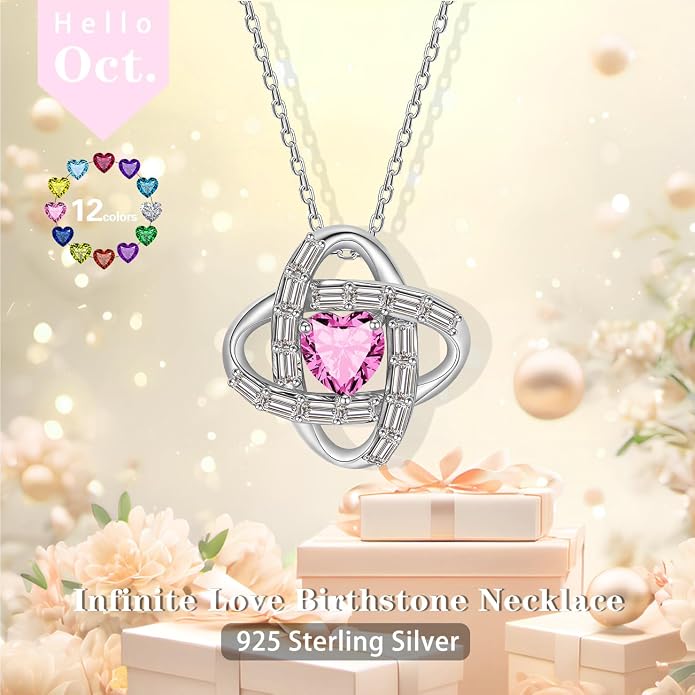 Birthstone Necklace for Women, S925 Sterling Silver Jewelry Gifts, White Gold Plated Love Knot Pendant, Anniversary Birthday Vanlentine Day's Gifts for Grandma, Wife, Mom and Sister