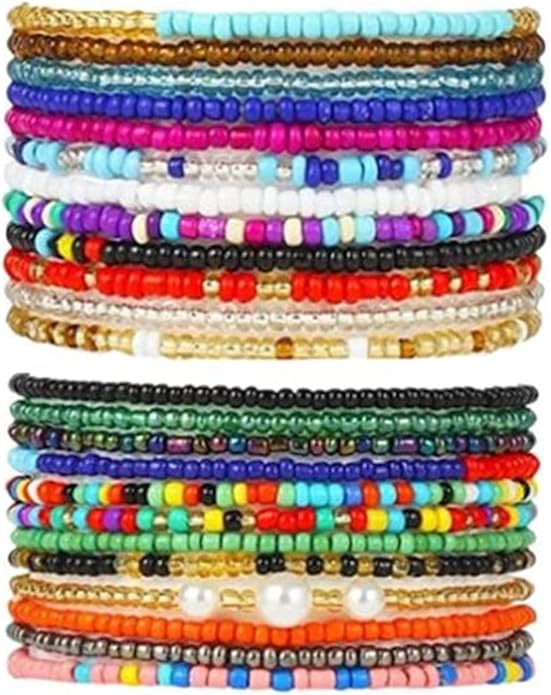 KIFEDSLJ 24Pcs Colorful Beaded Anklets Boho Handmade Beaded African Anklets Multicolor Seed Beads Stretch Ankle Bracelets for Women Elastic Foot and Hand Chain Jewelry