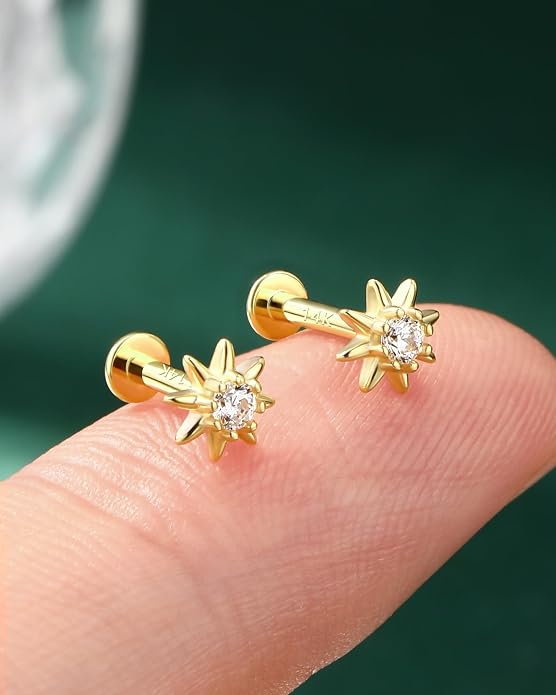 COCHARM 14K Real Gold Helix Cartilage Conch Earring Stud 16g Flat Back Sun Helix Cartilage Conch Tragus Piercing 16g Yellow Gold Internally Threaded Star Tragus Stud Jewelry