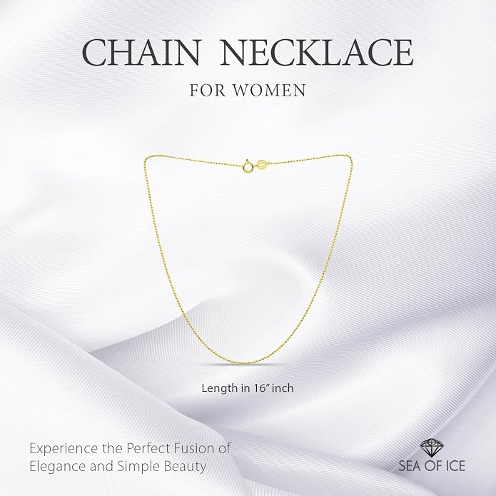 SEA OF ICE Sterling Silver 1mm Round Ball Bead Chain Necklace for women, Size 14" - 36" Italy
