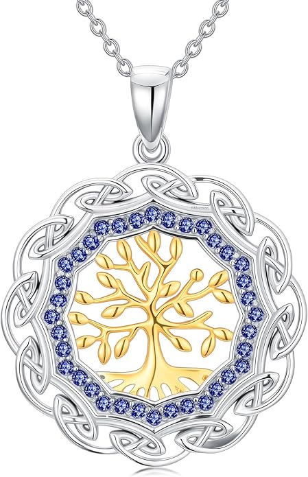 Sterling Silver Birthstone Celtic Tree of Life Necklace, 18K Gold Plated Colored Gemstone Tree of Life Pendant Two-Tone Necklaces Jewelry Birthday Gifts for Women 18" - 20"